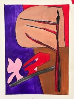 Portrait shaped abstract painting. The image is divided vertically into a purple band on the left and red and brown dividing the right-hand side. Covering most of the top of the purple and red background is a buff-coloured oval shape that is anchored to the lower edge by black and red marks. It resembles a very abstract tree. The lower part of the image has pink and red irregular shapes that balance on a black line that rises towards the tree shape on the right.