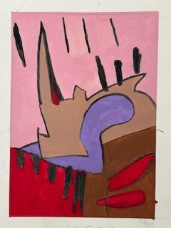 Portrait shaped abstract painting. This resembles an abstracted landscape. A pink ‘sky’ with black vertical lines meets a light brown irregular shape that could be seen as a built environment. This has a long point on the left hand side that reaches almost to the top of the image. This shape has a dark vertical shape that curves into it. Below are red and black rectangles that have black or red marks set into them.
