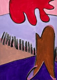 Portrait shaped abstract painting. A brown vertical abstract shape stands on the right-hand side of the image. It nearly meets a red comb shape that hangs from the top. The brown shape stands on a purple base which then meets a buff colour. What looks like a fence of short black vertical marks links the two. A light lilac and pink background holds the two shapes together.