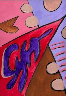 Portrait shaped abstract painting.  A large red triangle shoots from the lower left towards the top right. It holds an irregular purple shape. The left-hand side of the image starts pink then brown. The right-hand side has a light lilac background. There are six buff-coloured circles that are placed on the various backgrounds. A brown flower shape is on the top left hand side. A series of short black and pink marks slant down at the lower right half of the image.