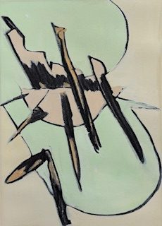 Portrait shaped abstract painting. A painting of a background of two pale green semi-circular type shapes on a pale off white background. Across the whole image are a number of blackish line shapes that are angled to the left side. The marks are fairly varied in length and are partly covered with a buff colour.