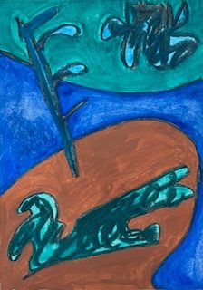 Portrait shaped abstract painting. An emerald green semi-circle hangs from the top edge and is met by a brown shape coming up from the lower edge. The rest of the background is painted blue. There are three abstract semi-organic shapes that cover part of each background colour.