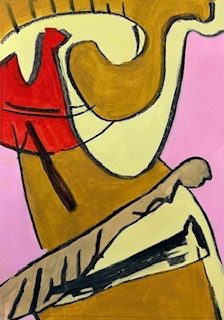 Portrait shaped abstract painting. An abstract diagonal yellow ochre shape is divided by some pale yellow organic shapes. Towards the top left of the image is a red shape and lower down two more rectangular shapes move from left to right. Each shape is outlined by a black line and also have other shorter lines within.