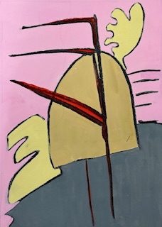 Portrait shaped abstract painting. A n irregular pink background covers the upper two thirds of the image above a mid grey field. On top of these are two pale yellow shapes and a light ochre half oval. They are over painted by a black line that looks a little like three very narrow pennants flying from a flag pole.