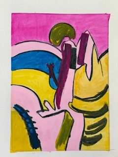 Portrait shaped abstract painting. This seems to be like an abstract landscape. A pink skyline over pink, blue and yellow hill shapes. Tree shapes and black arcs that could indicate fields are on the right-hand side of the image.