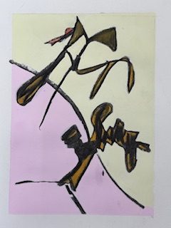 Portrait shaped abstract painting. A pale yellow background meets a pale pink shape diagonally across the image, sloping from top left to lower right. There are two abstract semi-organic shapes across the two backgounds. They are reminiscent of tree or plant shapes.