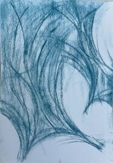 A blue conté drawing of tropical shade