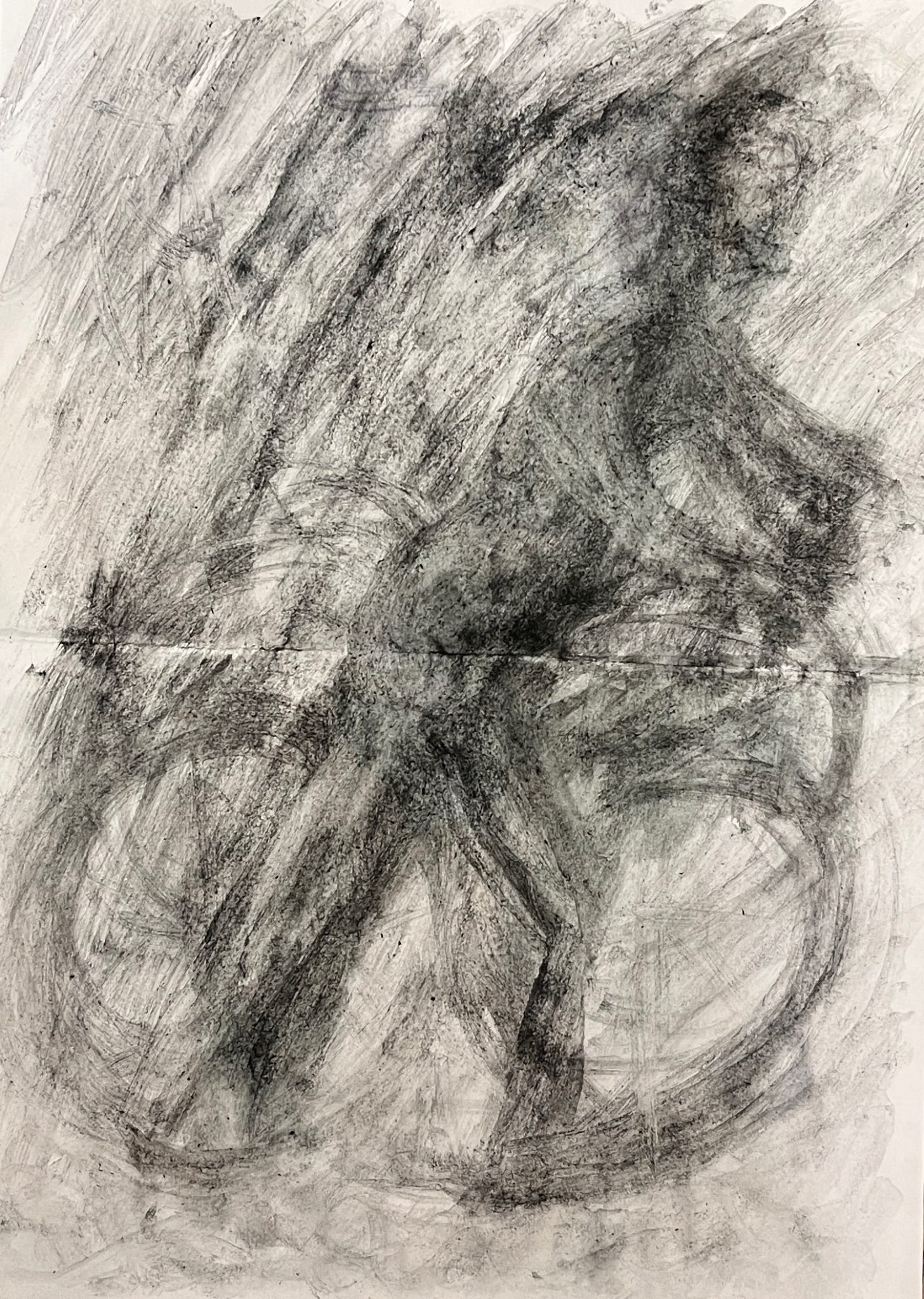 Cyclists on foot, struggling against the wind