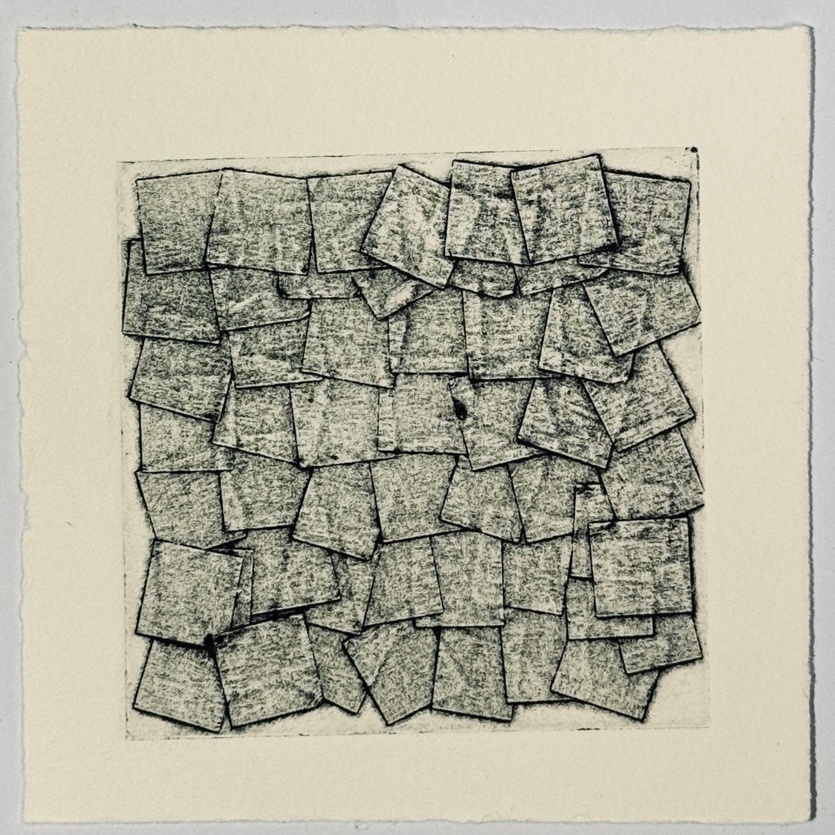 Square collagraph print made from overlapping squares of textured tape, inked intaglio in black ink.
