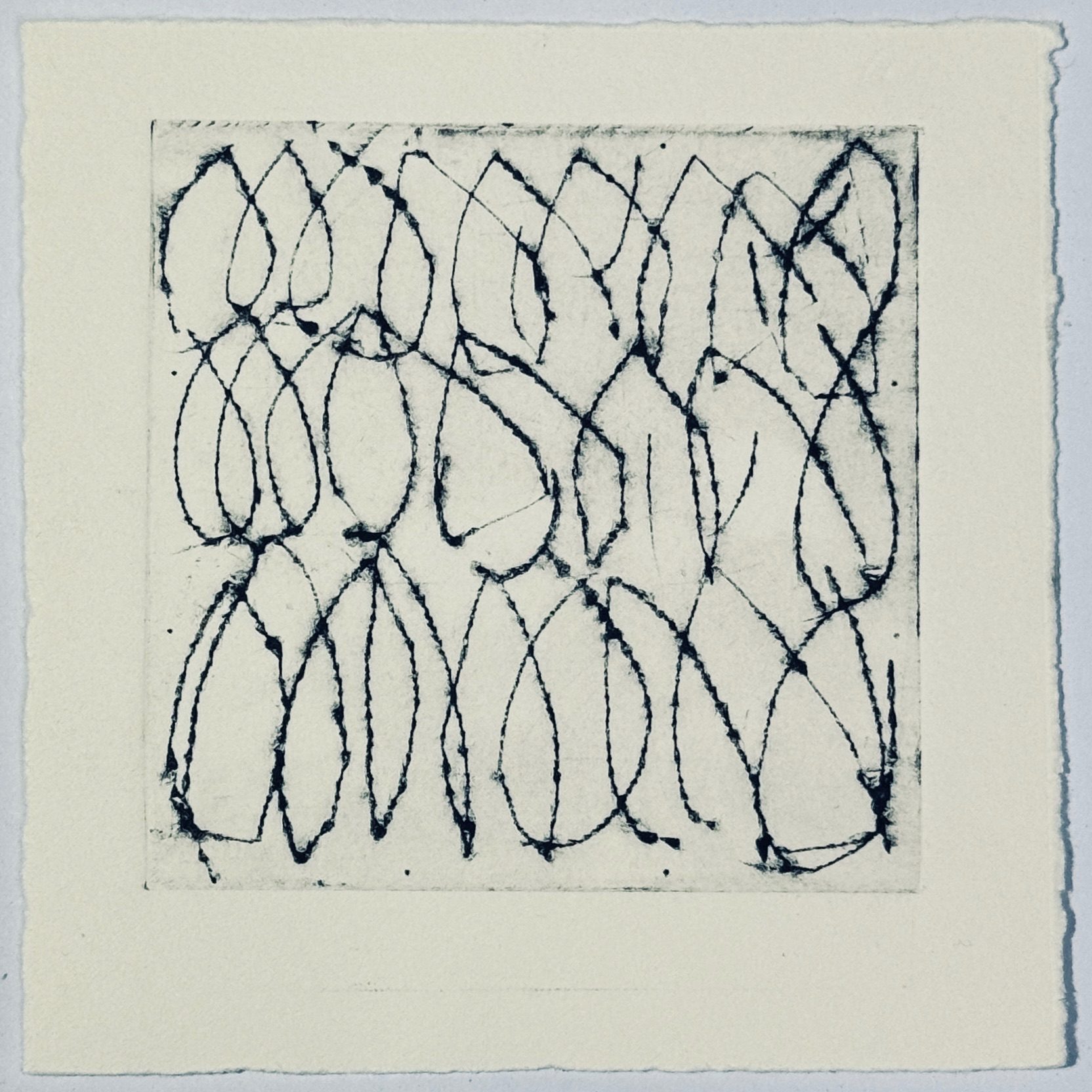 Drypoint print of irregular loops, black ink  on soft white paper