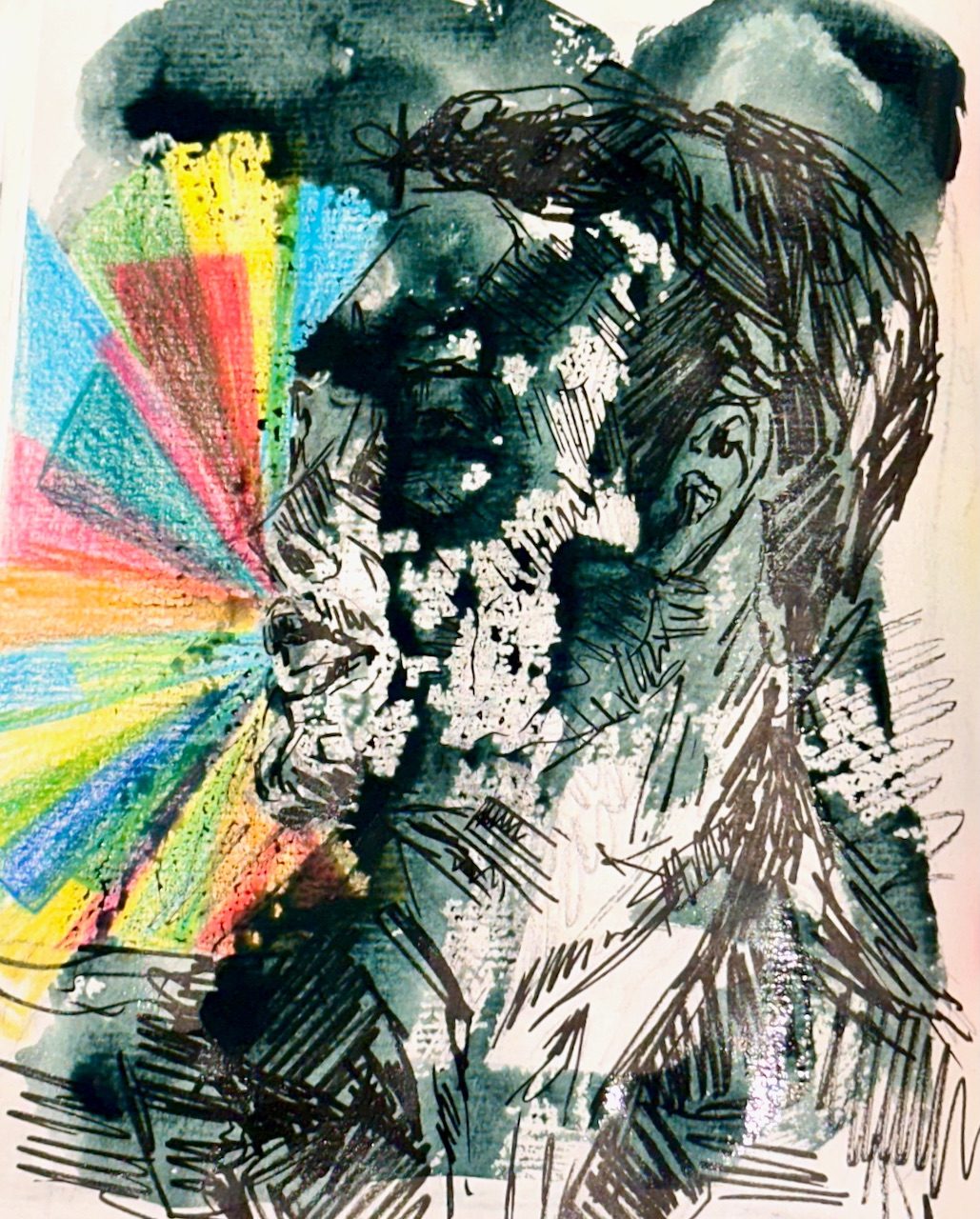 Drawing of man's face, obscured by ink, with colour coming out of his mouth