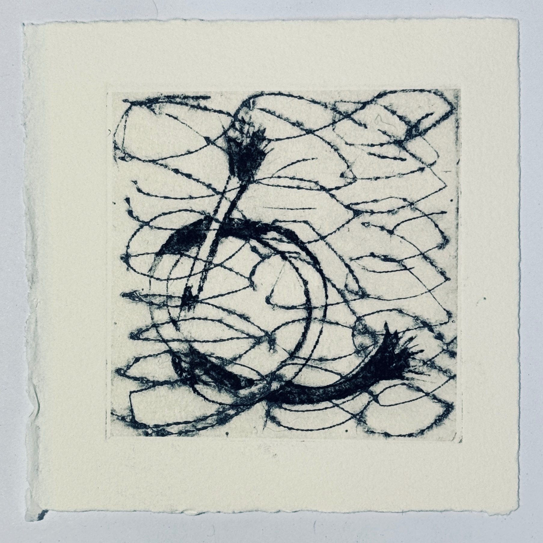 Drypoint print of a knot with chine collé