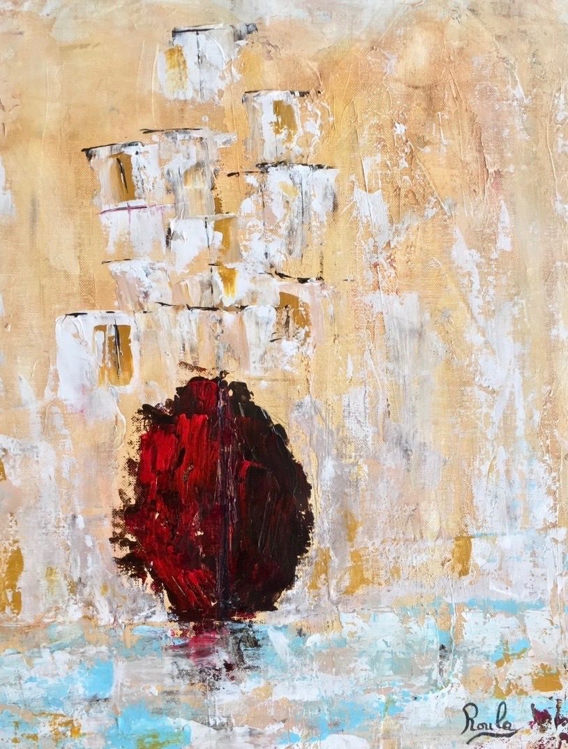 A sailboat leaving the Harbor amidst chaotic waters,