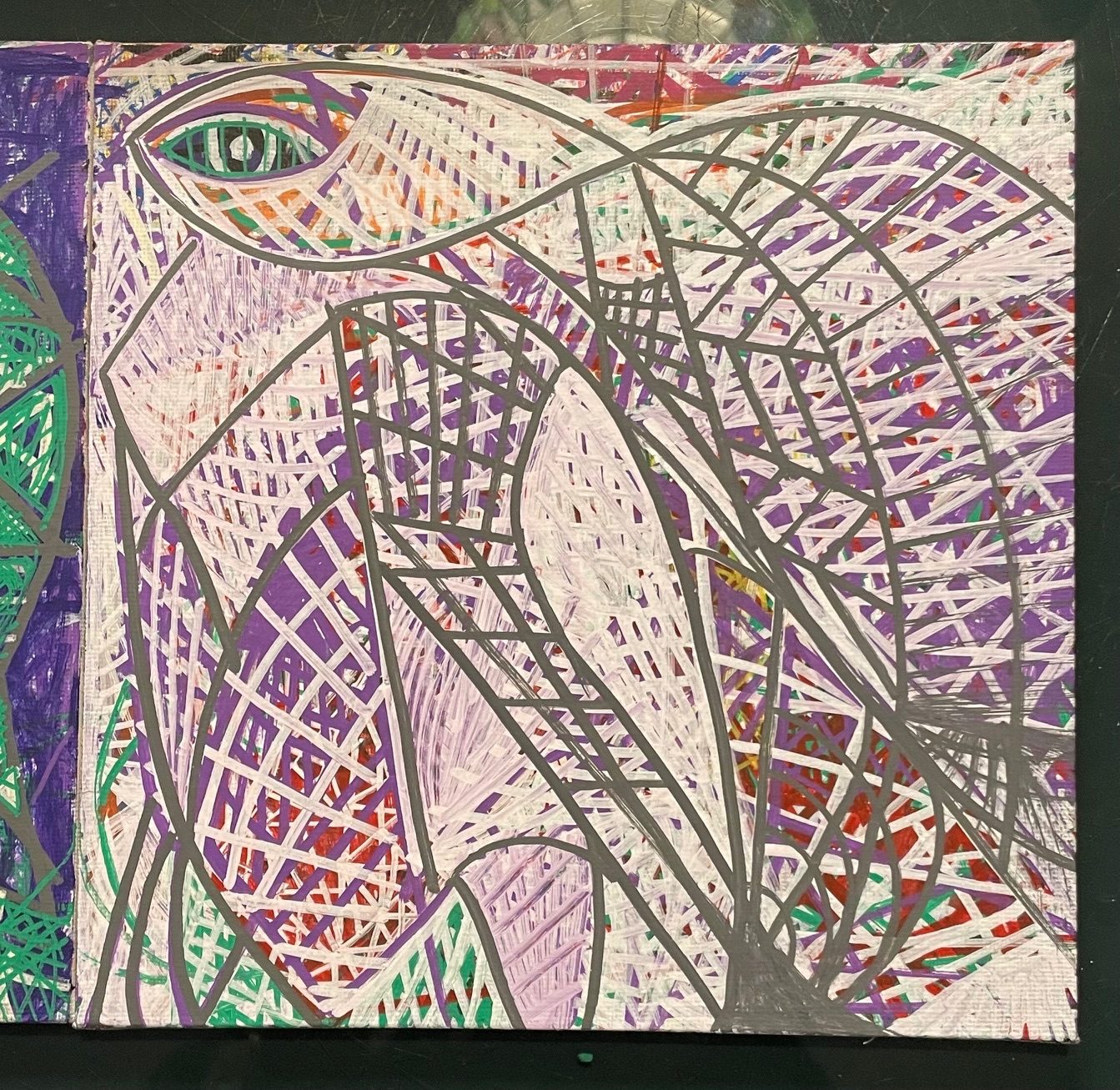 Crosshatched acrylic pen drawing depicting a bird like figure with a single eye