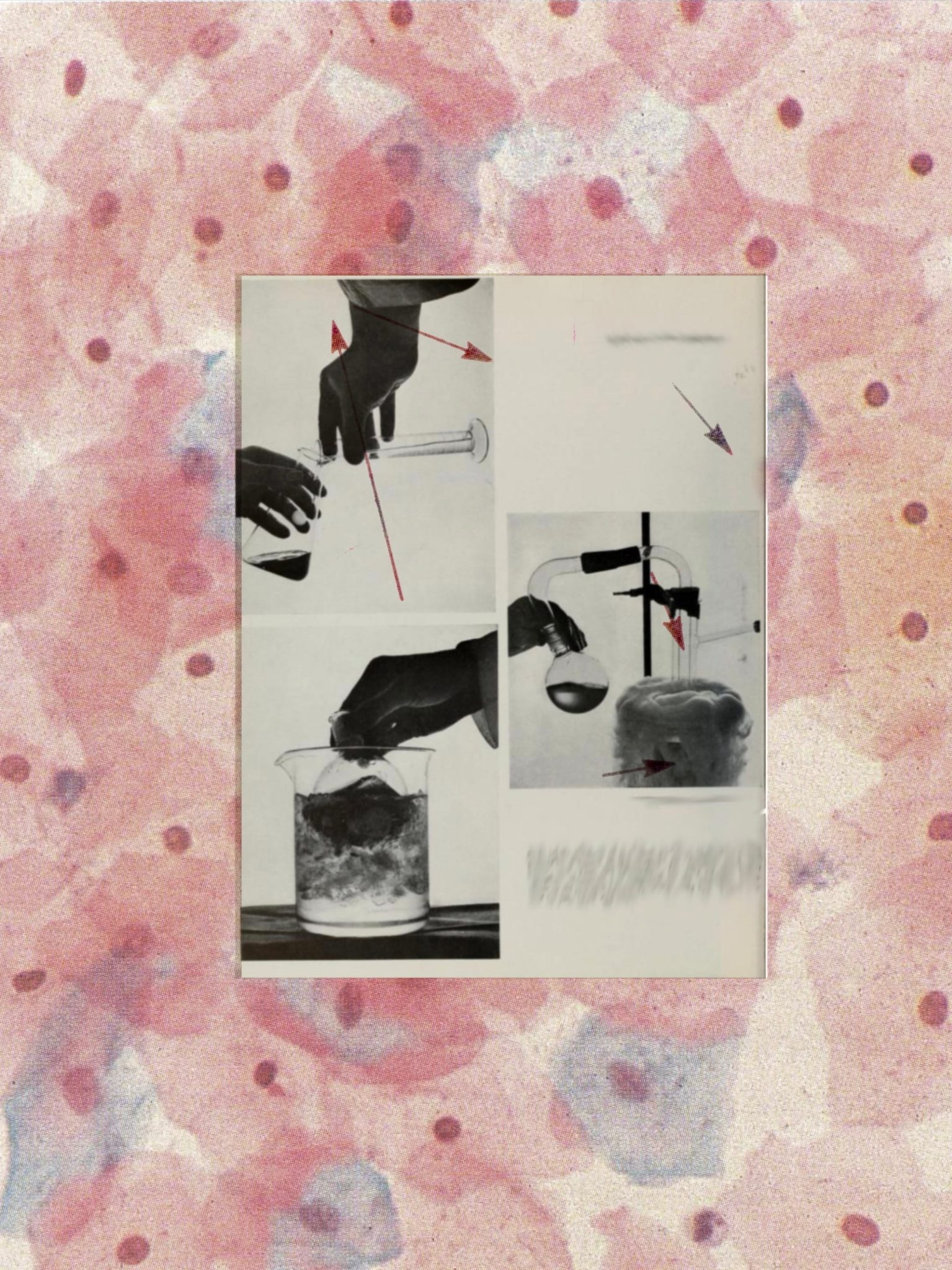 Collage of blood cells and silhouetted hands using photographic darkroom equipment mixing chemicals