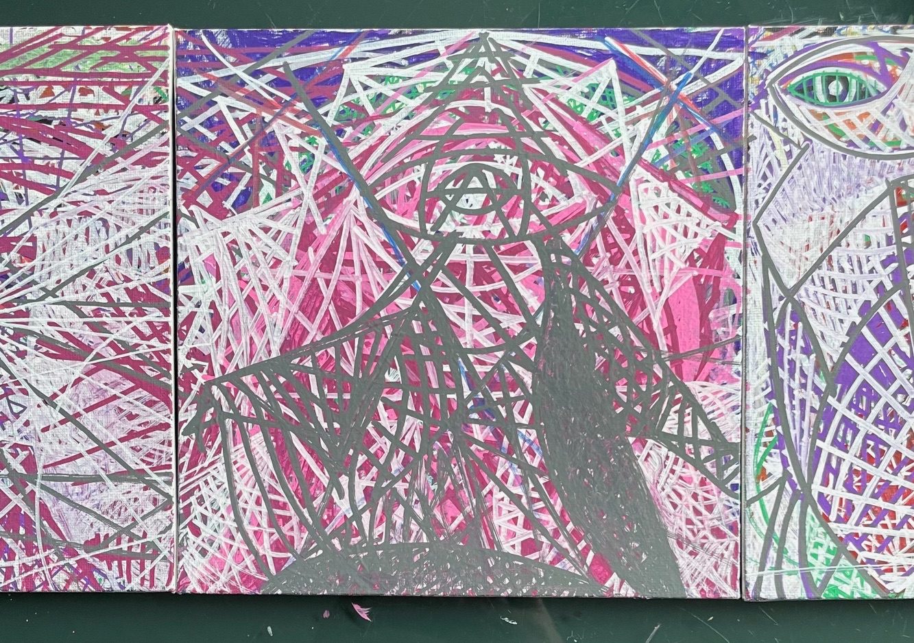 Ethereal geometric figure over a pink, scarlet and white geometric background