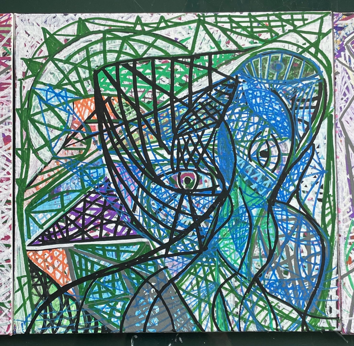 Abstract forms with a feminine figure to the right with a single eye in place of a head