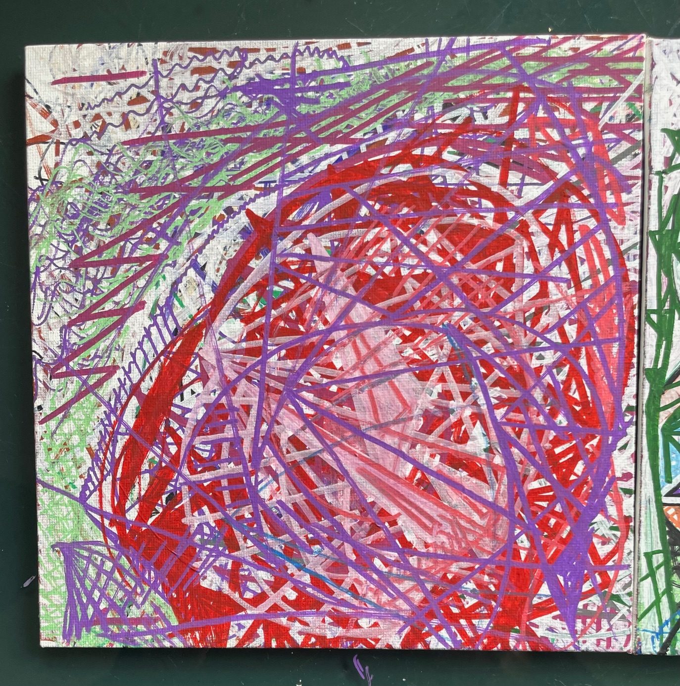 Abstract composition with reds and purples, greens and whites