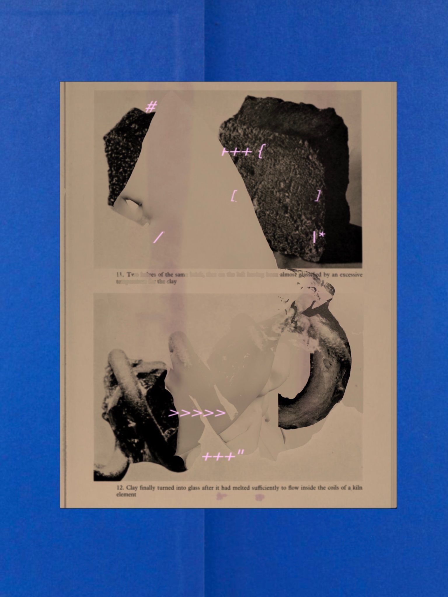 digital collage of old book page showing clay sculpures overaid with faded partial 3d image, old book page with stains, blue old book pages and digital text made of signs and no letters