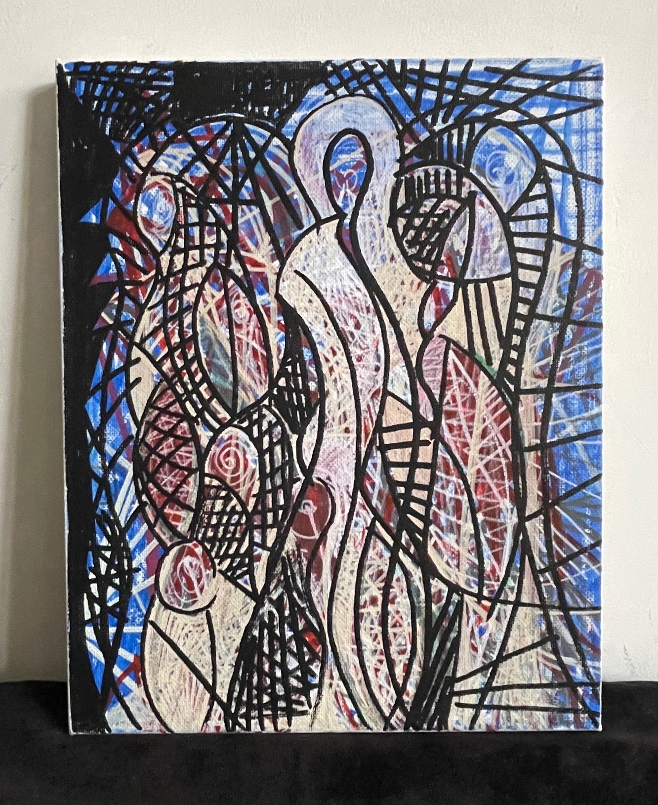 Abstract geometric forms with vague figure like shapes and spinning circular faces