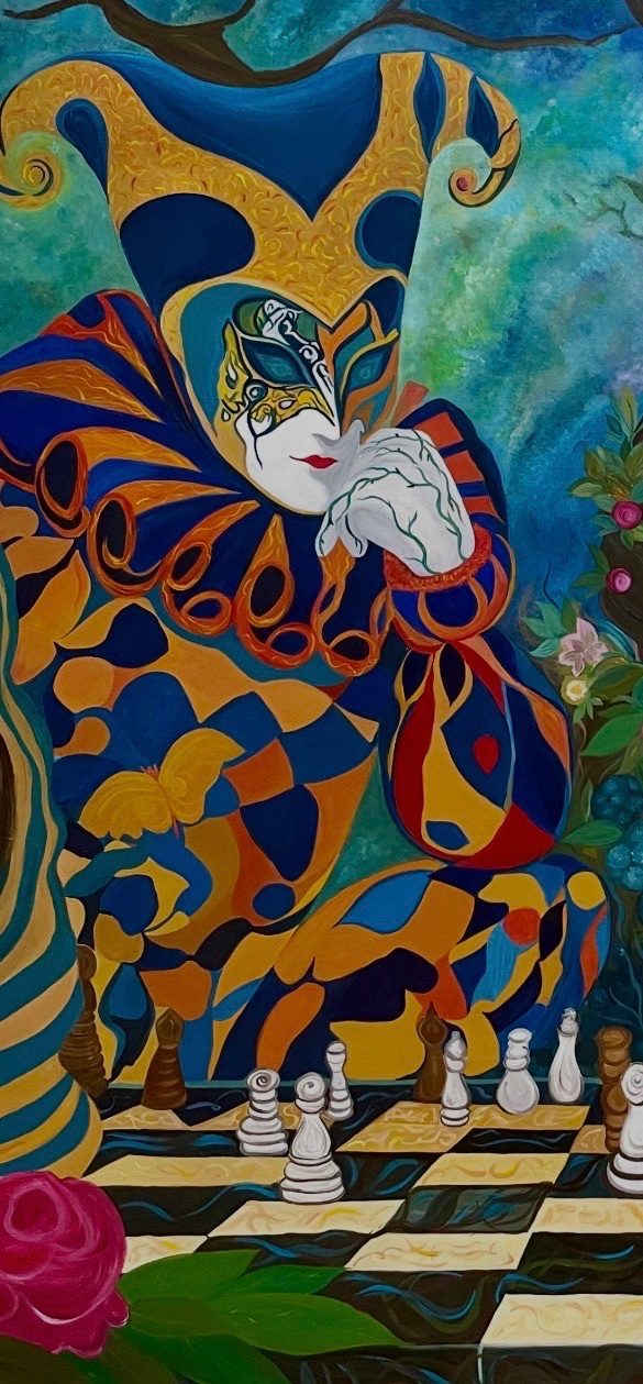 A surreal jester in vivid costume sits by a mid-game chessboard, framed by bright flowers, blending whimsy with contemplation.