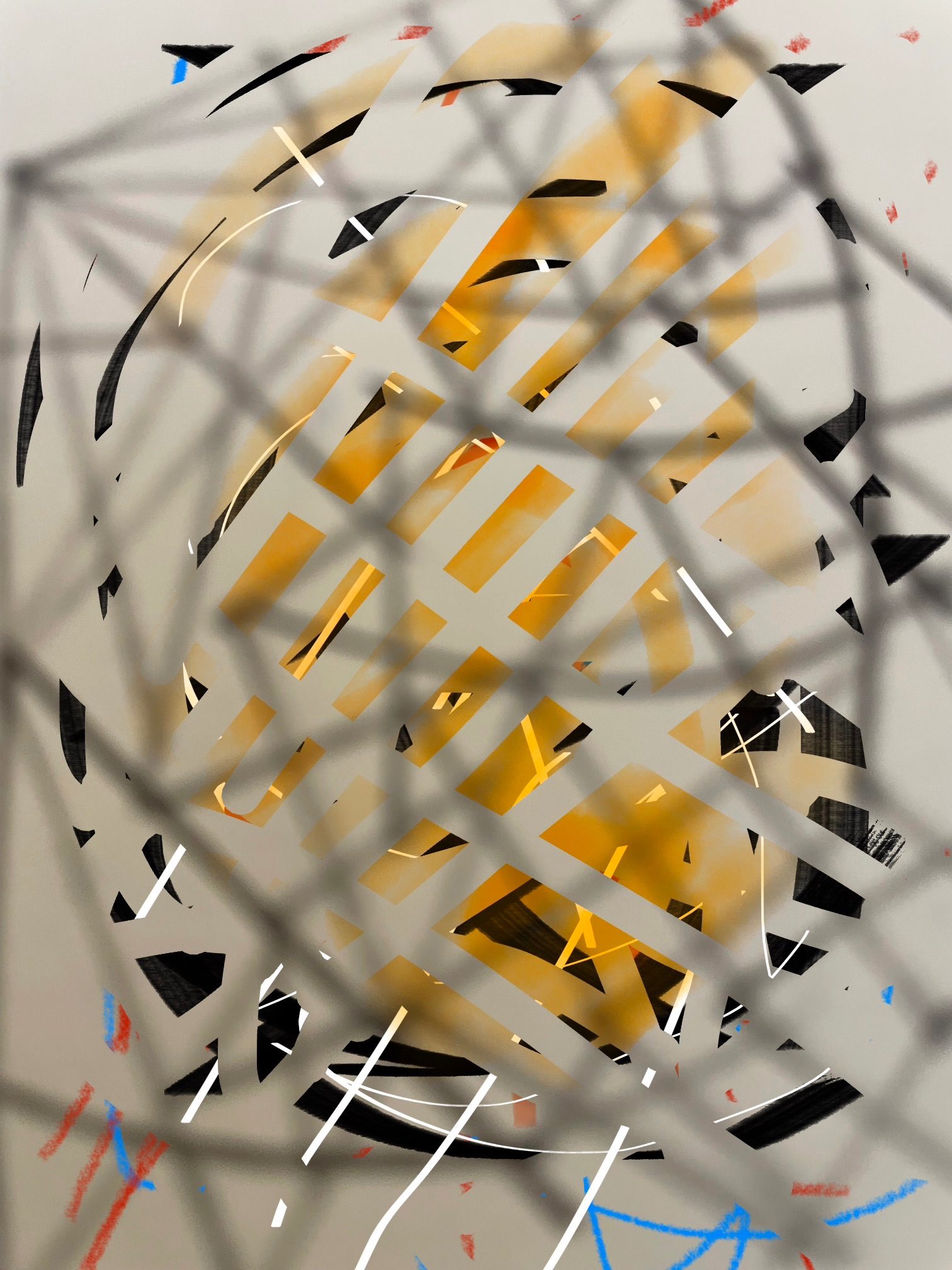 Digital textures superimposed on a blurred photographed abstract line drawing