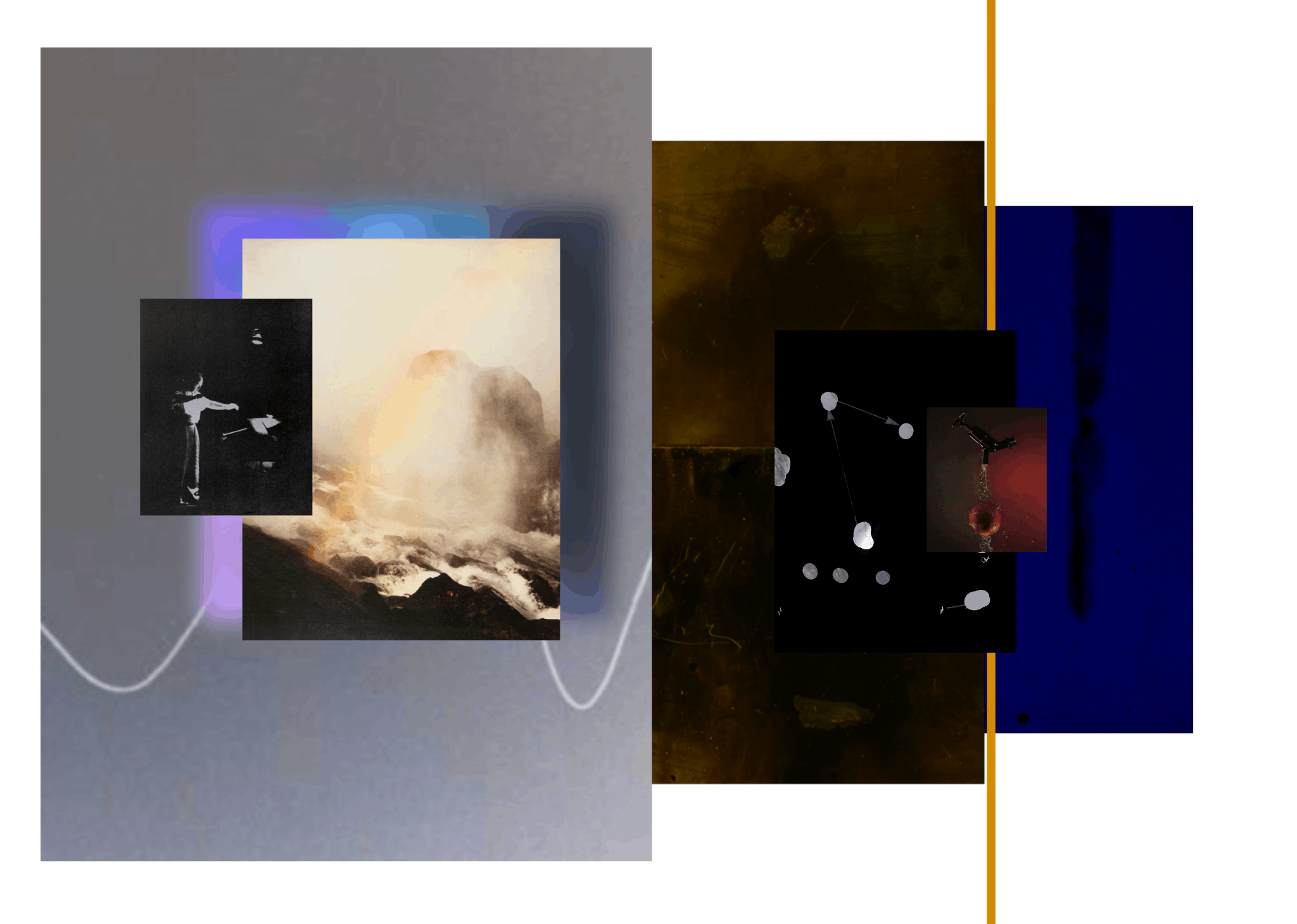 Collage with music conductor in dark pit and composition of images flowing tap water gushing on to an orange