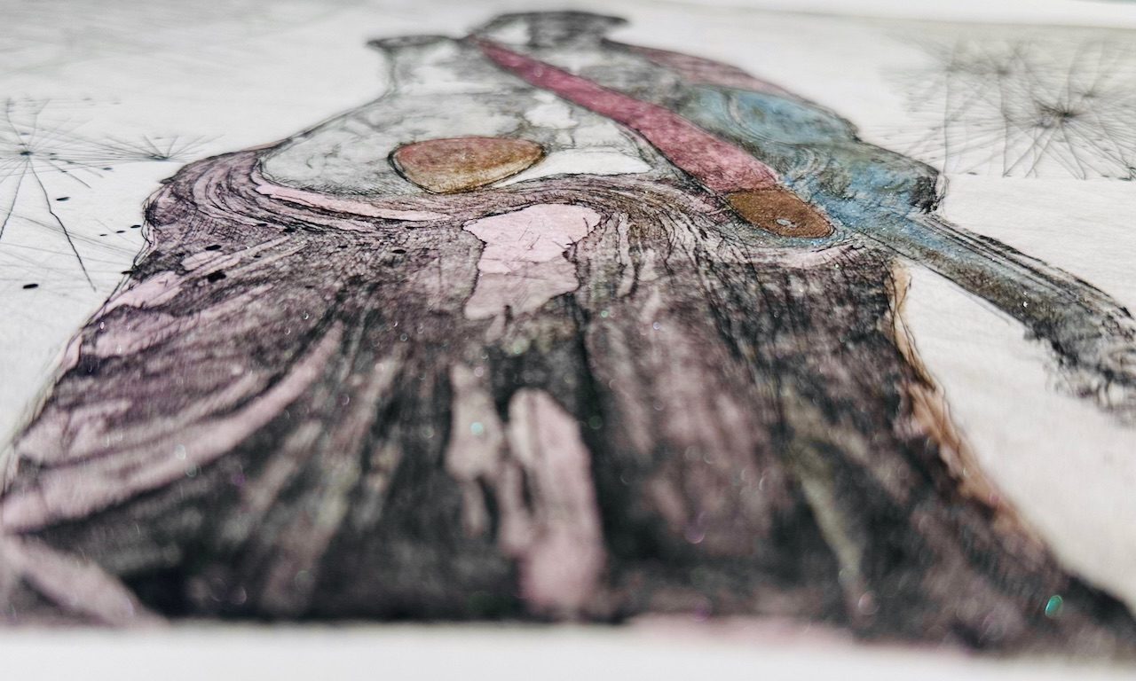 Etching painted with glitter photographed with foreshortening