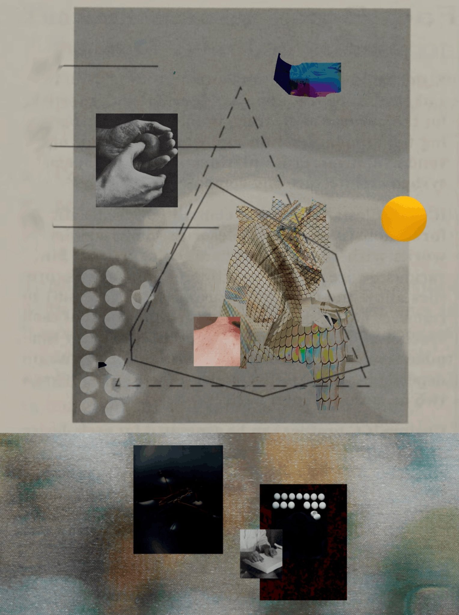 Photocollage hands on clay abstract geometry semi drawing fragment of snakeskin fizzy fake cloth shiny