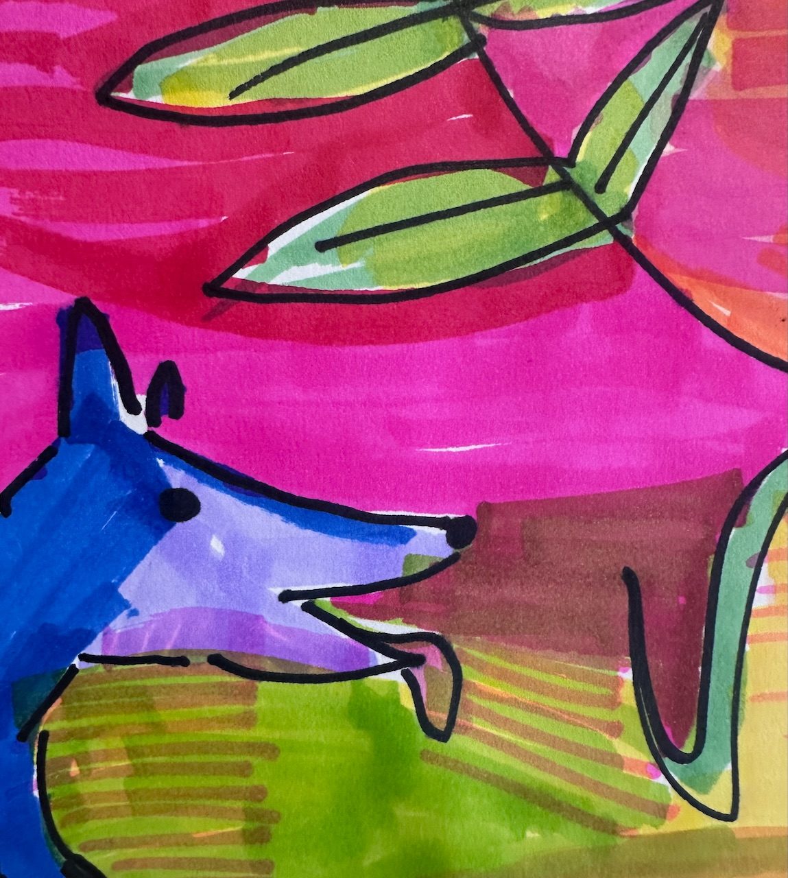 Brightly coloured marker drawing of a greyhound