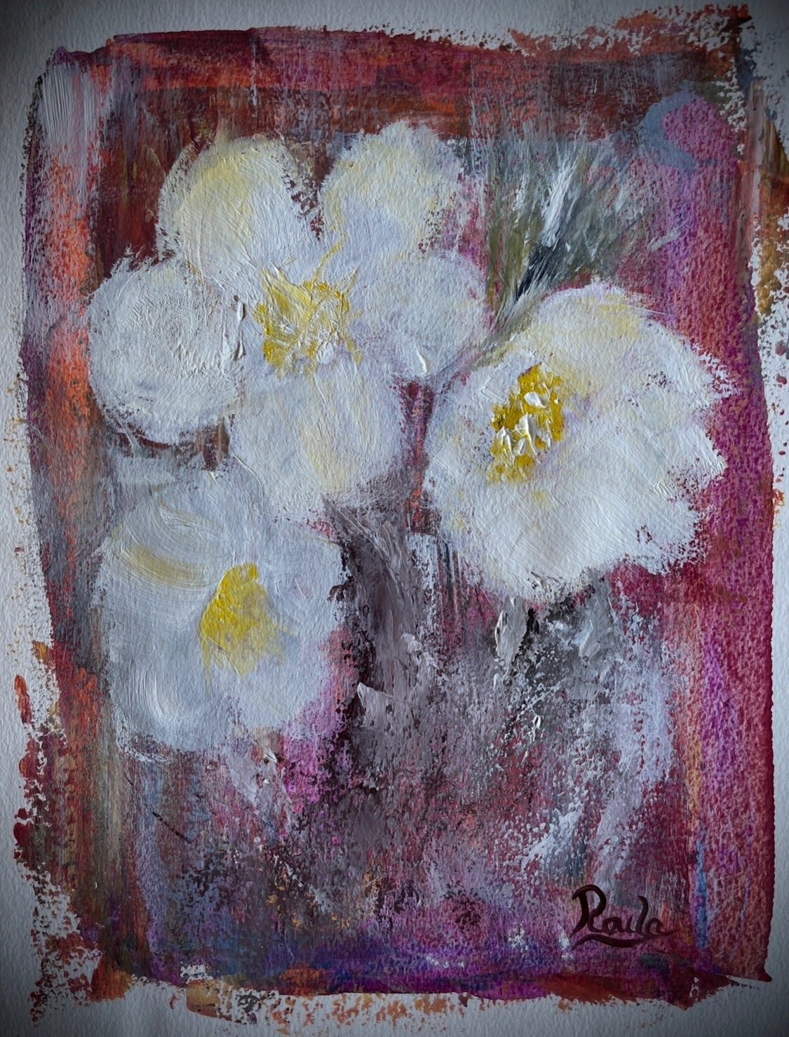 Abstract flowers painted with palette knife on paper