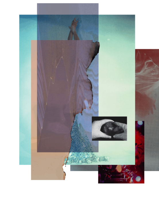 Photocollage hands with white lurex gloves holding a landscape in a glass globe