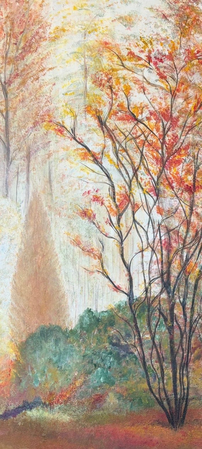A tranquil autumn forest scene with tall trees in warm red, orange, and yellow foliage, misty pastel light in the background, and earthy tones on the ground creating a serene, ethereal atmosphere.