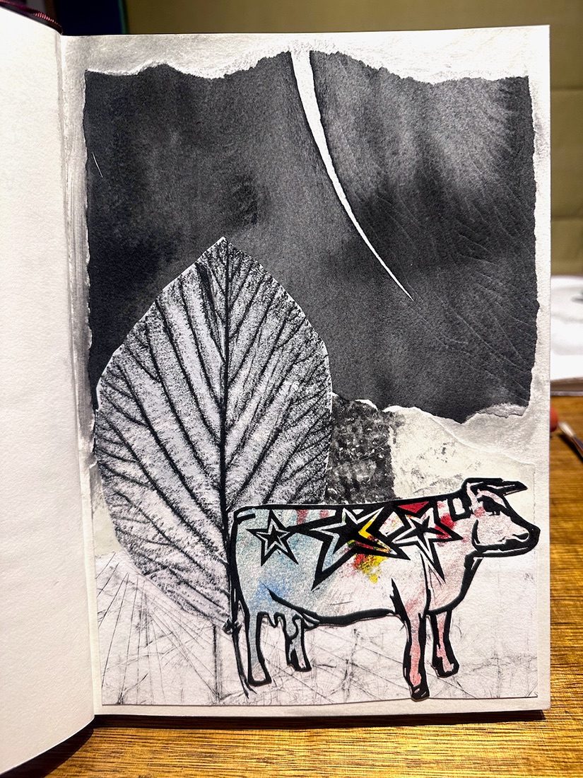 Collage in sketchbook made from old art. A space cow stands next to a tree at night.