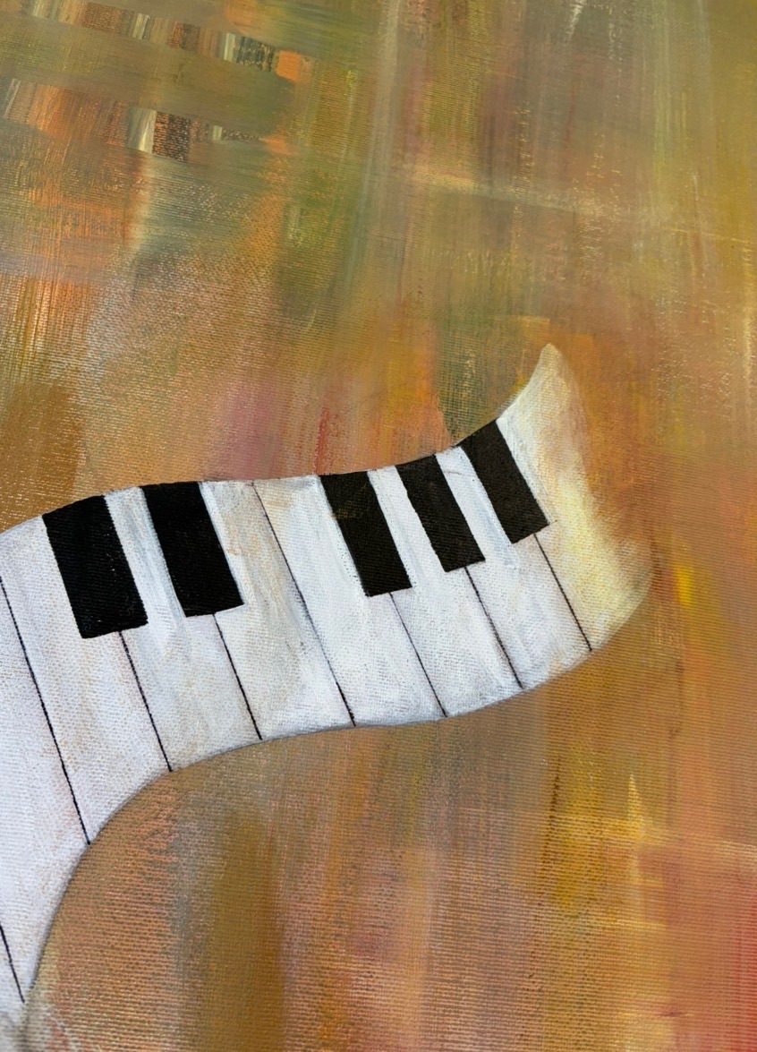 A flowing piano keyboard set against a warm, abstract background.