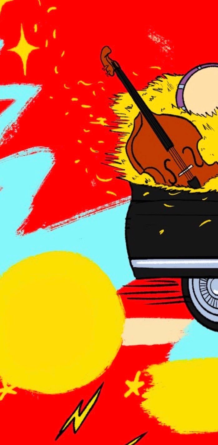 A glimpse of a poster I was working on, there is a double bass in the back of a car with hay flying out