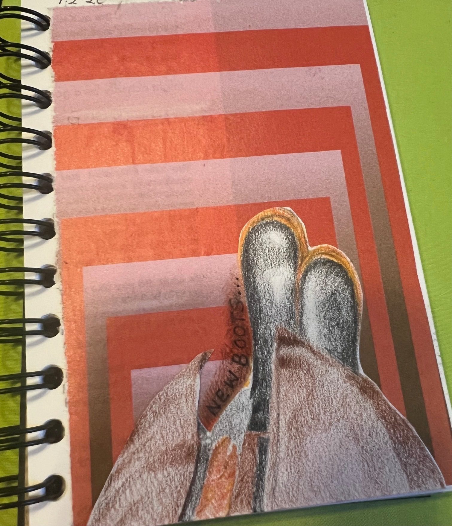A spiral bound notebook with a sketch from the wearer’s view looking down at their footwear