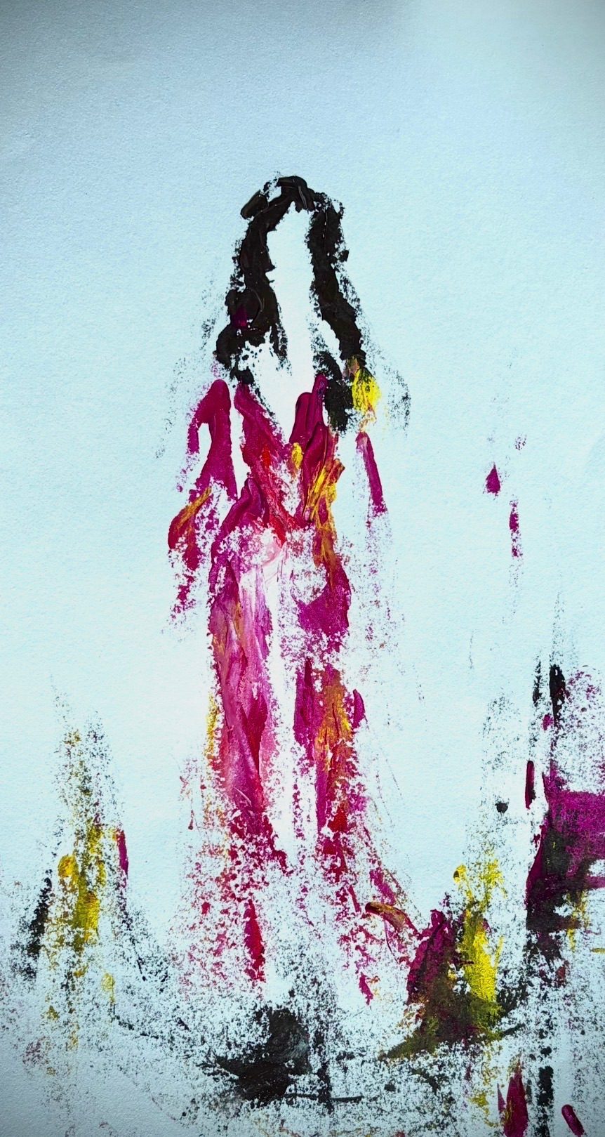 A lady with a colorful dress painted by a palette knife