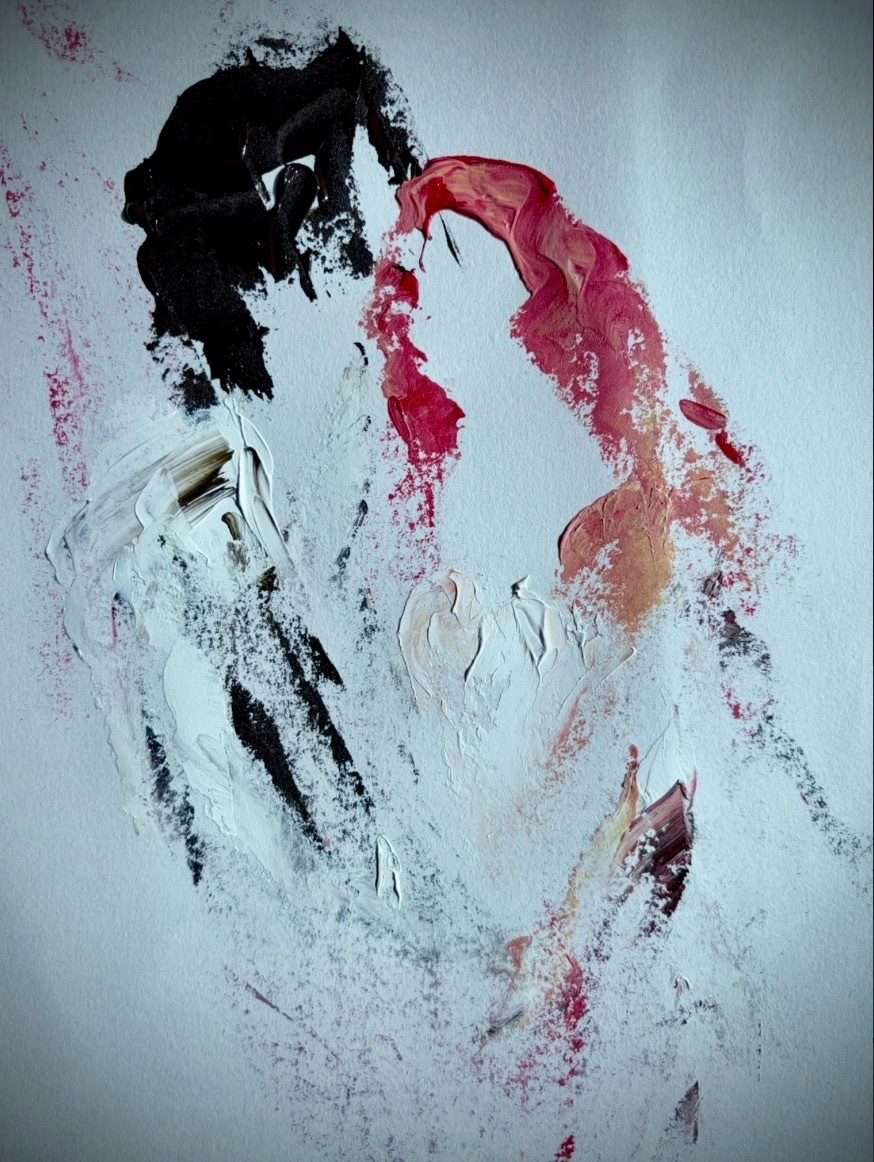 An abstract sketch of a couple embracing, painted with a palette knife