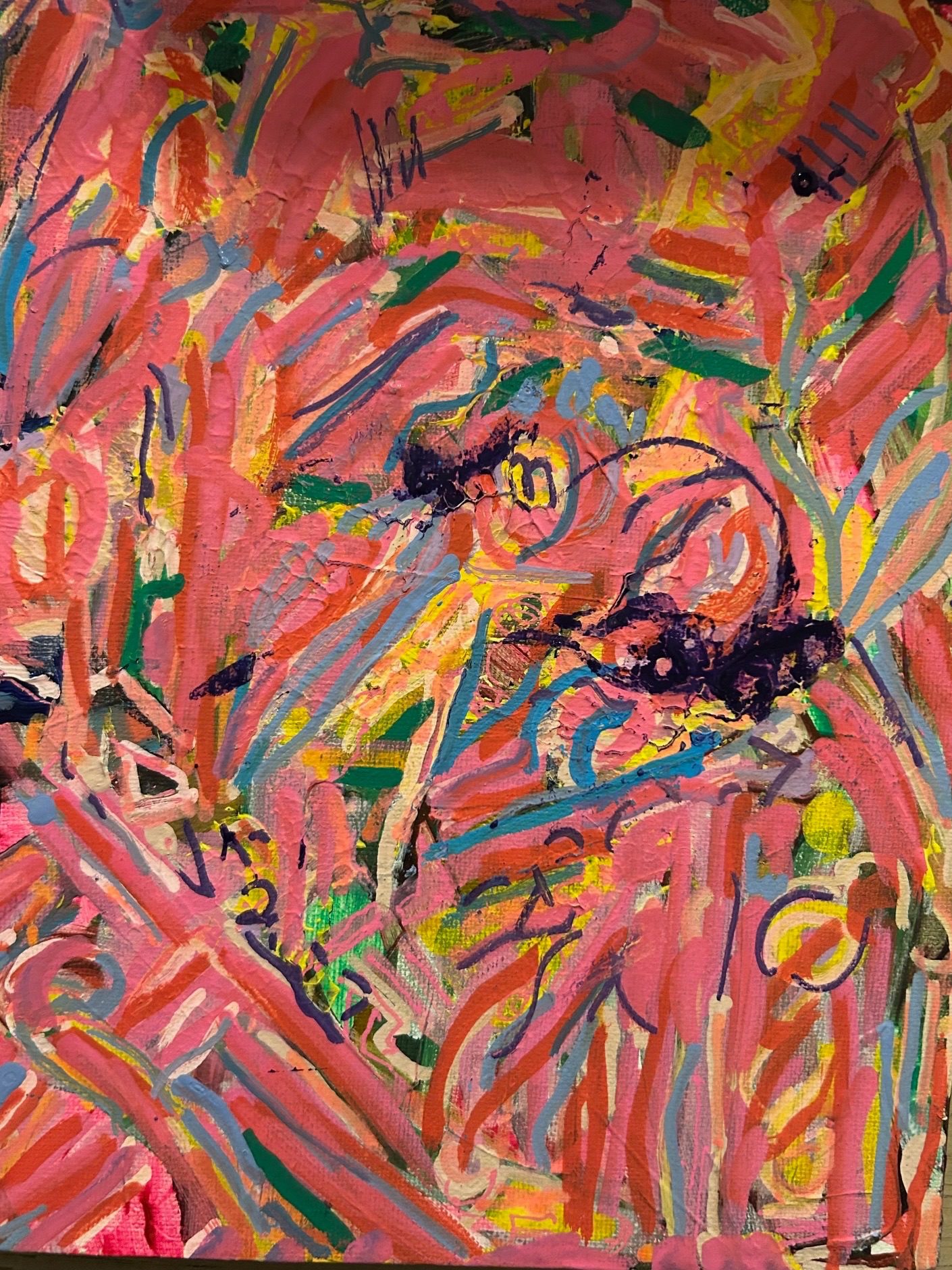 Abstract mixed acrylic paint and overdrawn with acrylic markers- painting in predominantly shdes of pink