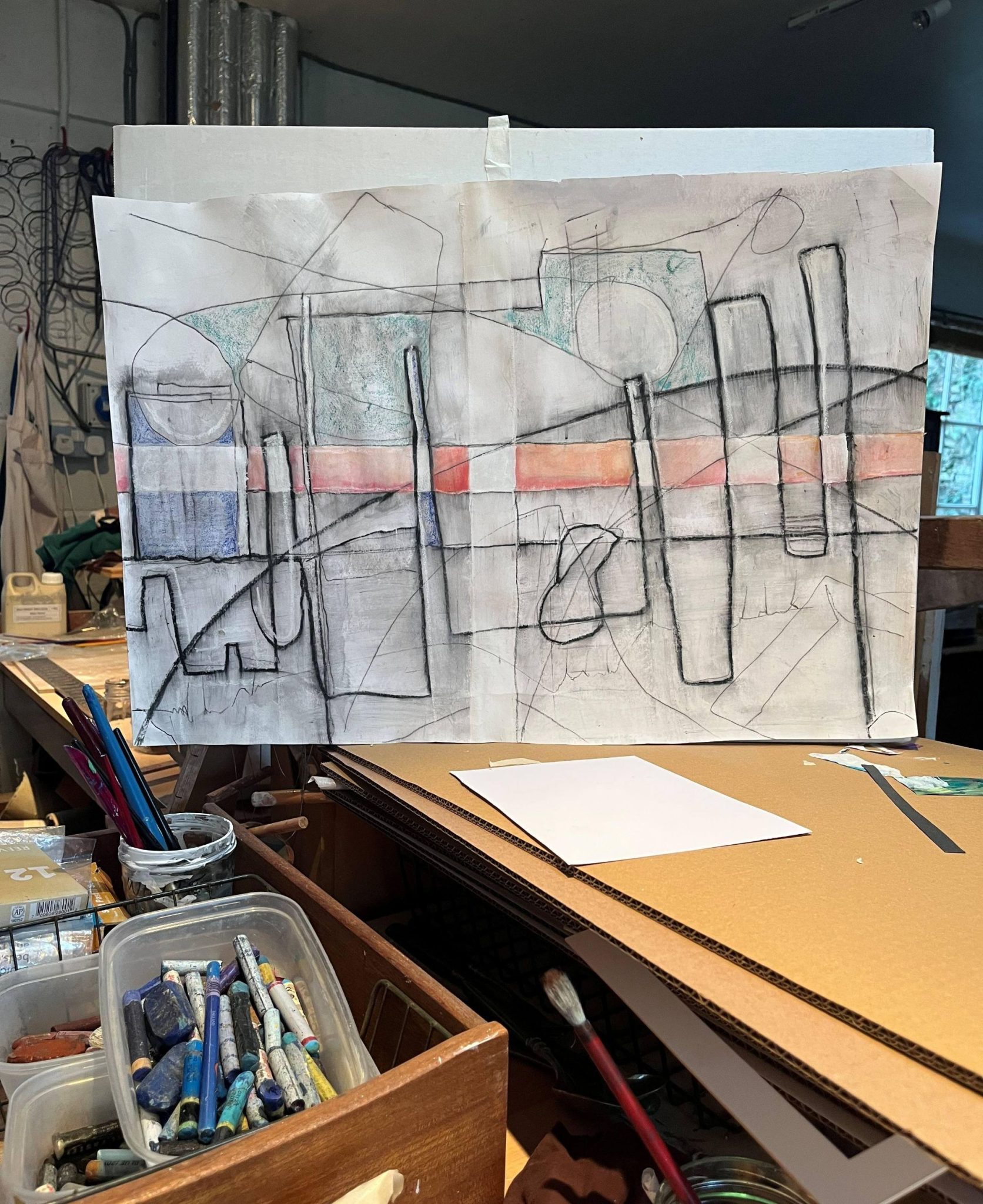 charcoal, ink, pastel abstract composition on paper.