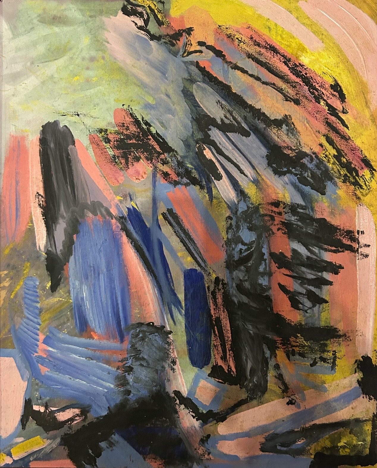 Abstract pink and yellow with black daubs