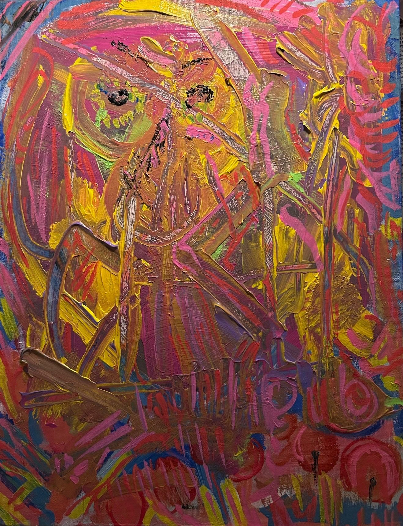 Abstract acrylic paint on canvas overpainting.