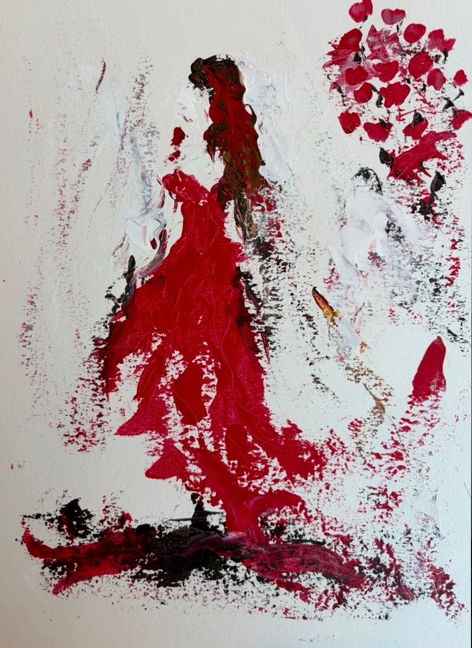 A lady dressed in red for valentine surrounded by red flowers, sketched with a palette knife