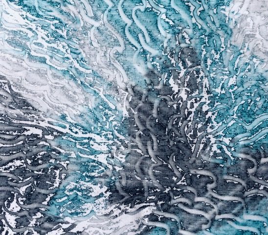 monoprint on fabric:  grey and blue-green ground with squiggly lines