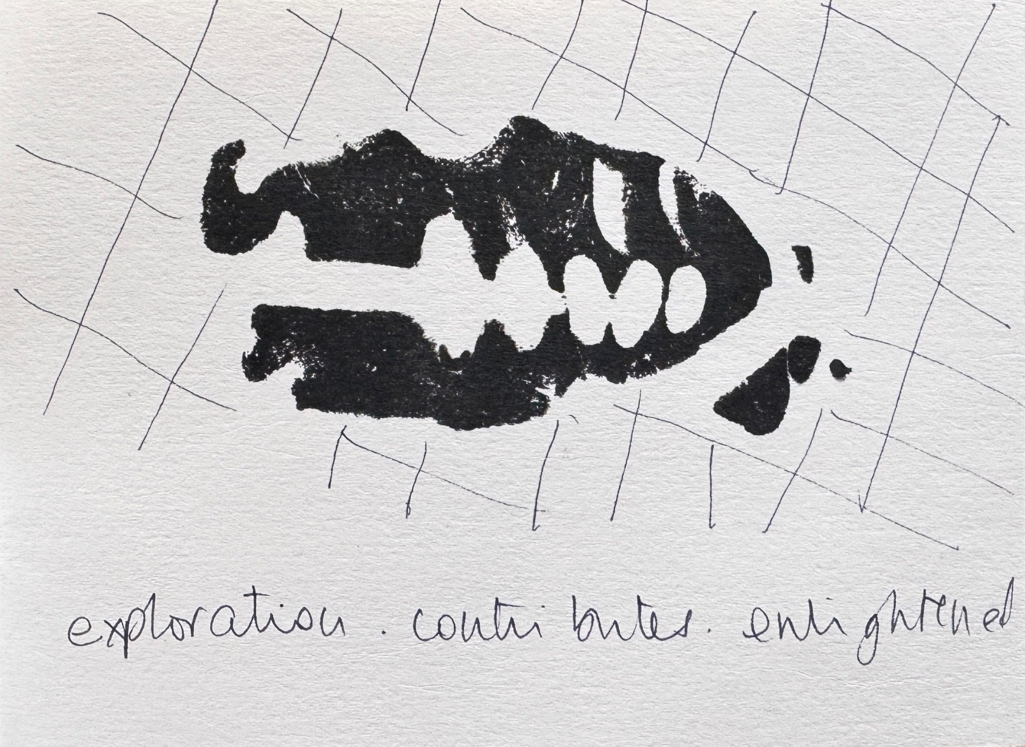 A small print of an abstract shape with a hand drawn grid in the background and a WhatThreeWords caption at the bottom