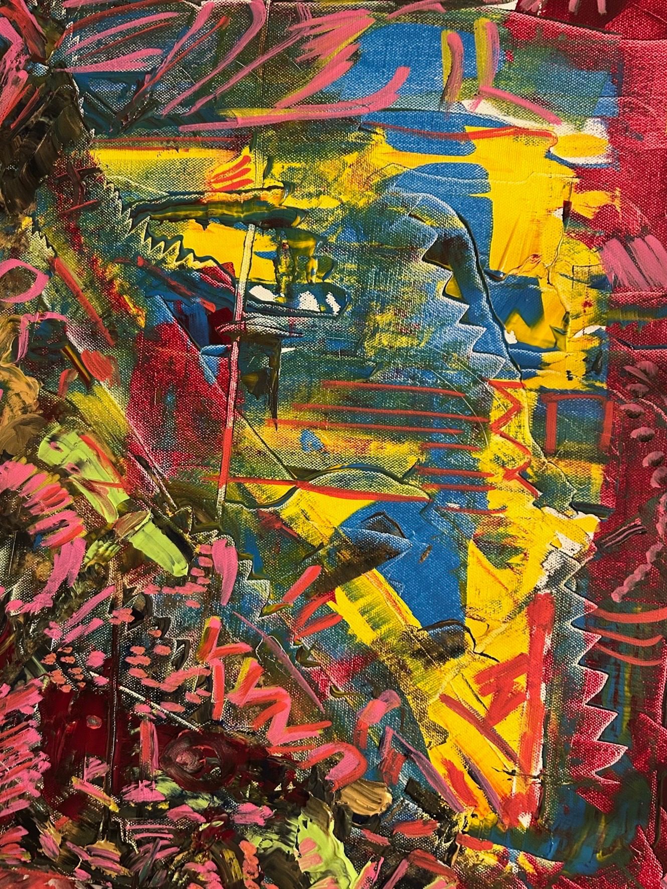 An abstract acrylic canvas with waves scraped through by a palette knife