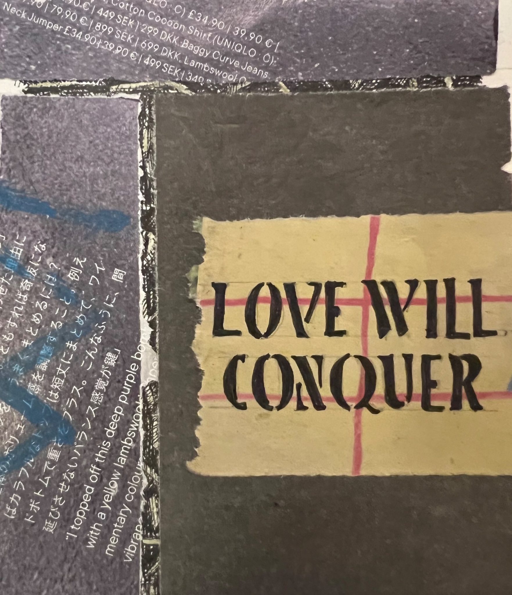 Collage of pavement with graffiti Love Will Conquer