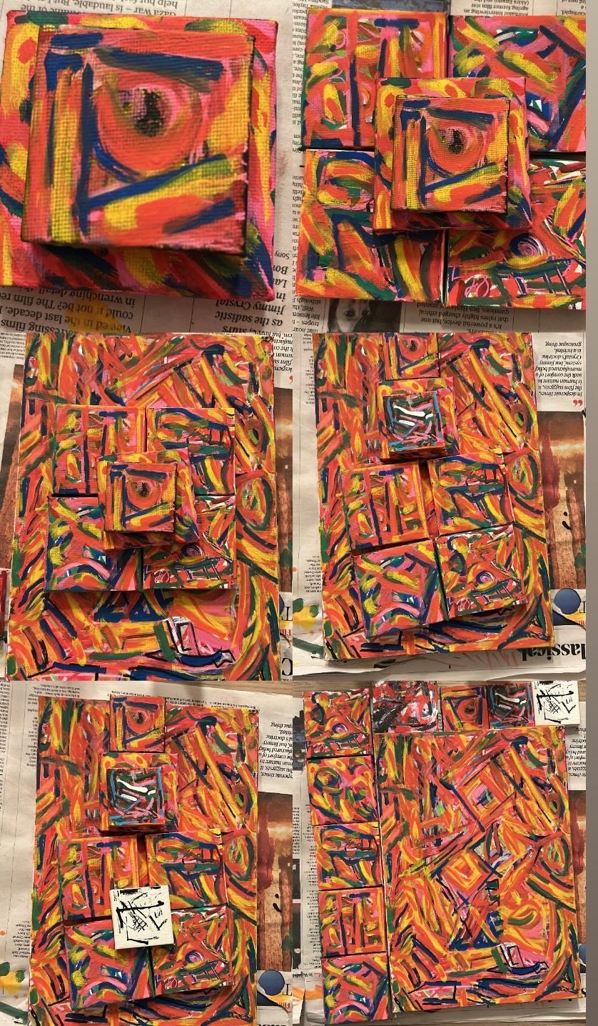 A series of photographs of small novelty sized canvase stacked in a pyramid fashion and finally disassembled. The images mostly share contemporaneously applied daubs of acrylic marker pens