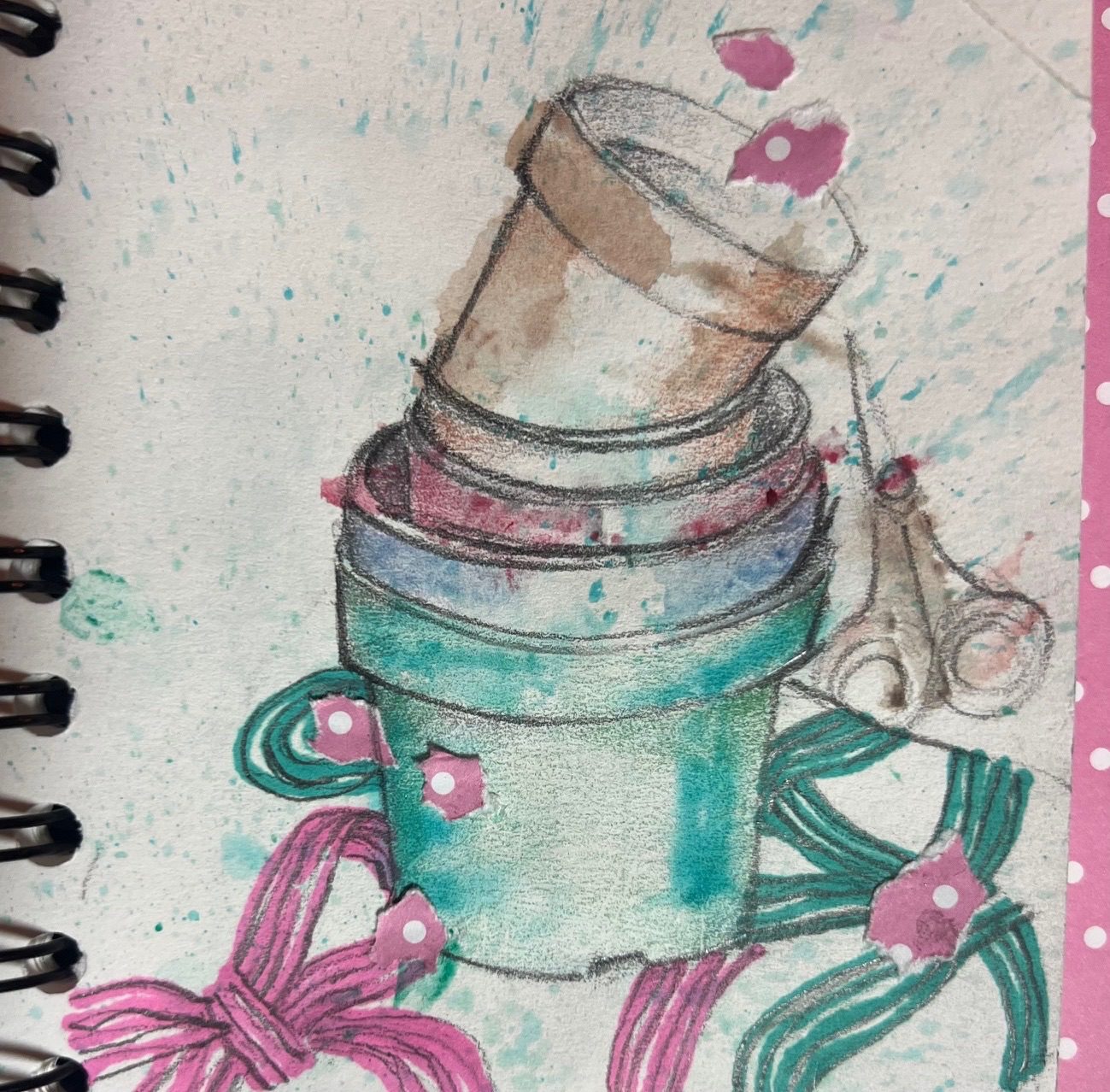 Drawing of a stack of plastic plantpots in crayon and water colour and pencil.